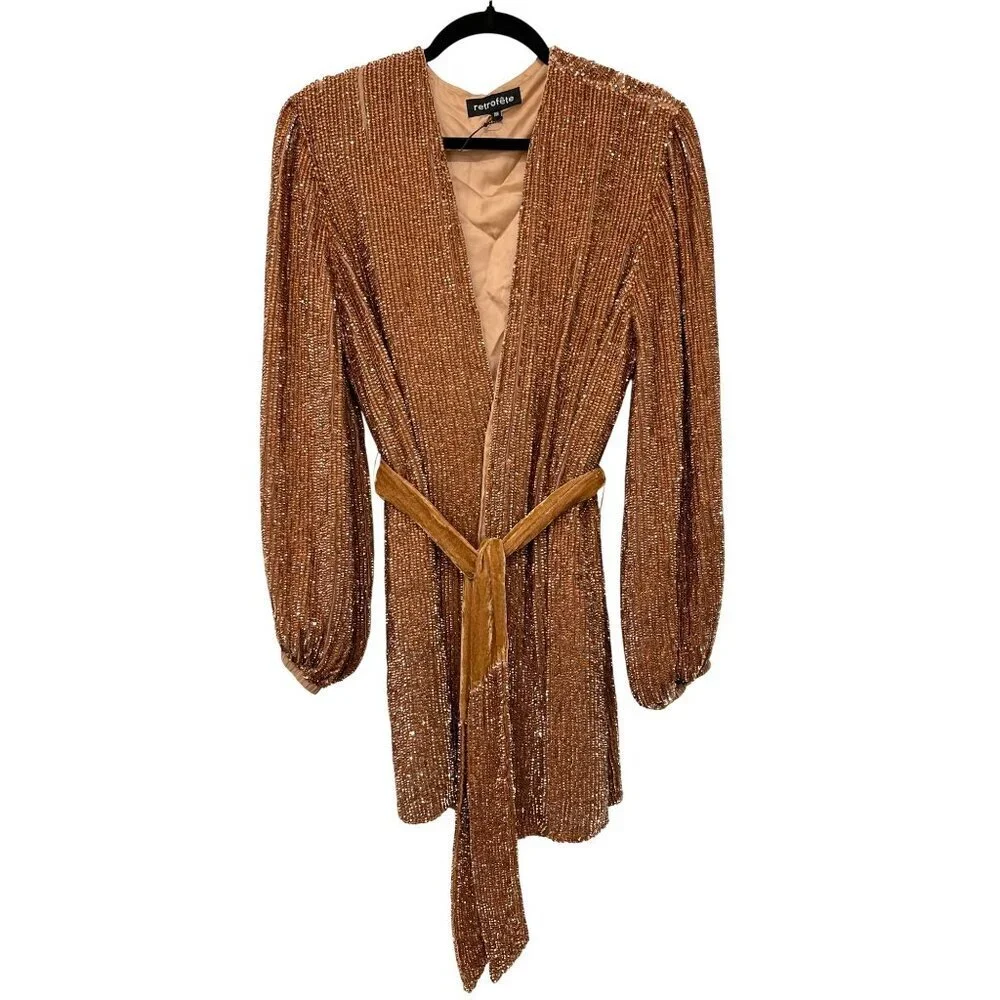 Retrofete $635 Bronze Mini Dress Gabrielle Sequin Velvet Belted Wrap NWT Medium